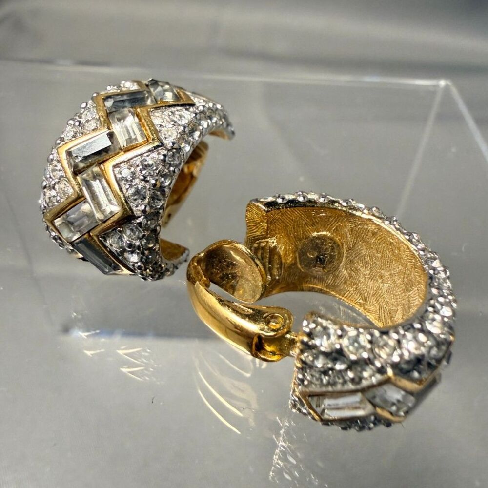 Vintage Givenchy 1980s Crystal Chevron Clip On Hoop Huggie Earrings 1980s